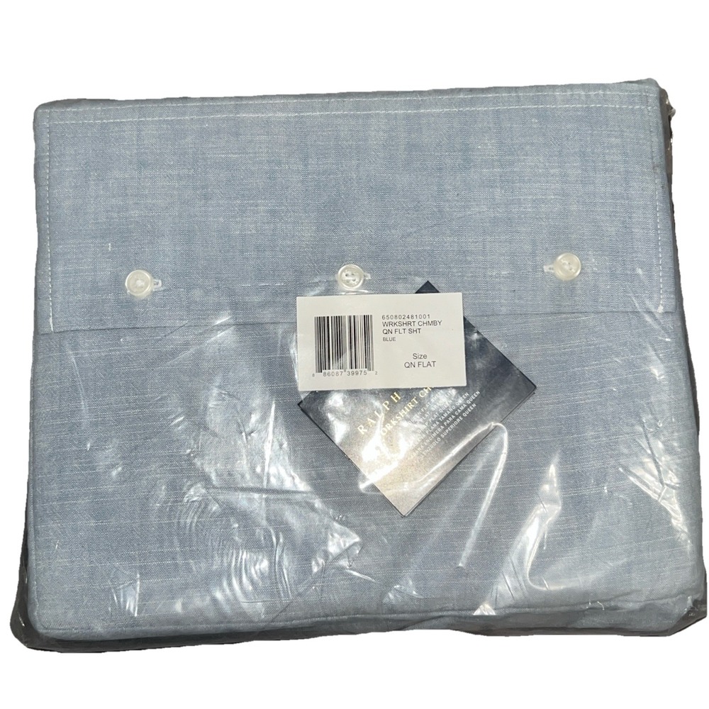 NEW Ralph Lauren Home QUEEN Flat‎ Sheet Workshirt Chambray BLUE Cotton $215